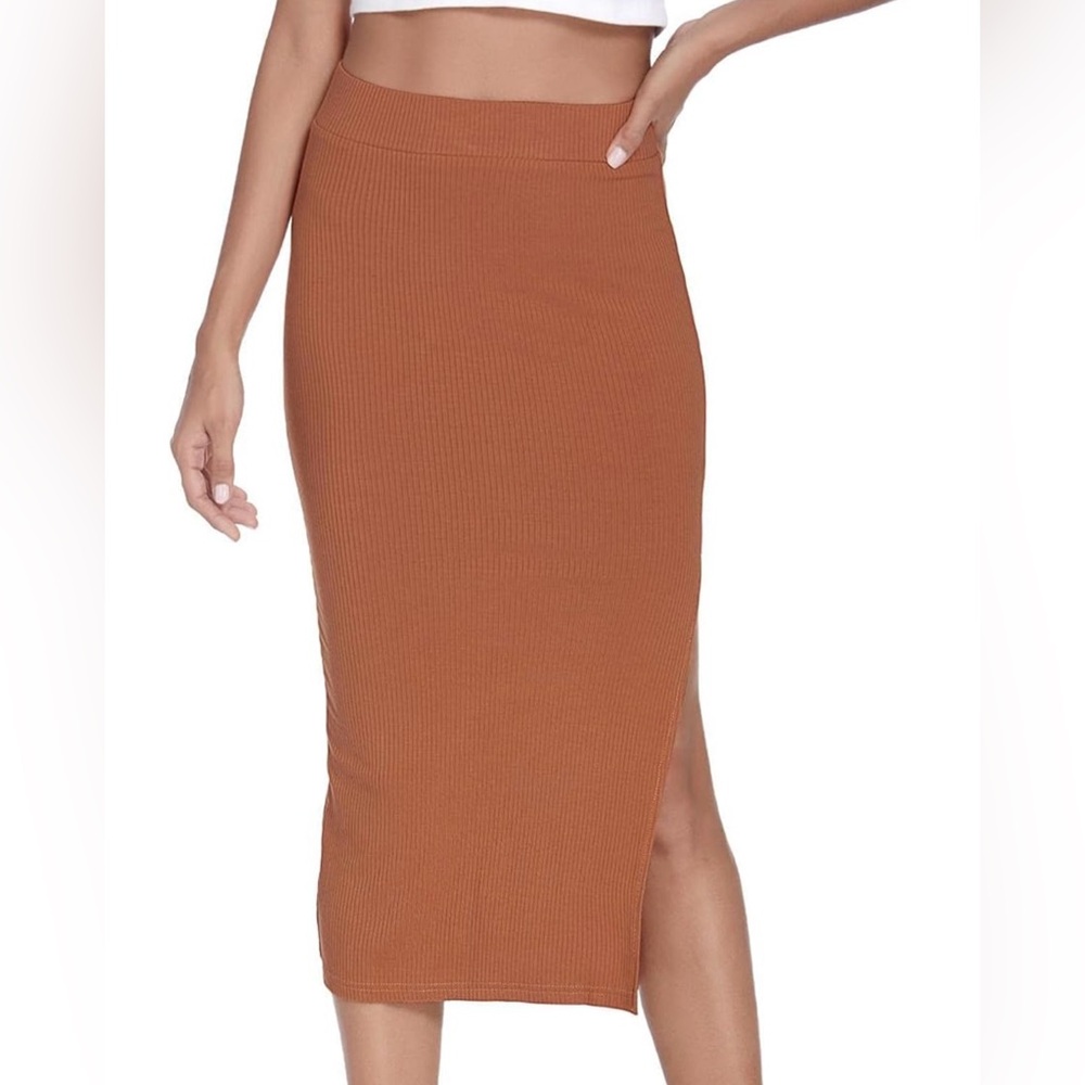 Ribbed Midi Pencil Skirt with Side Slit - Brown